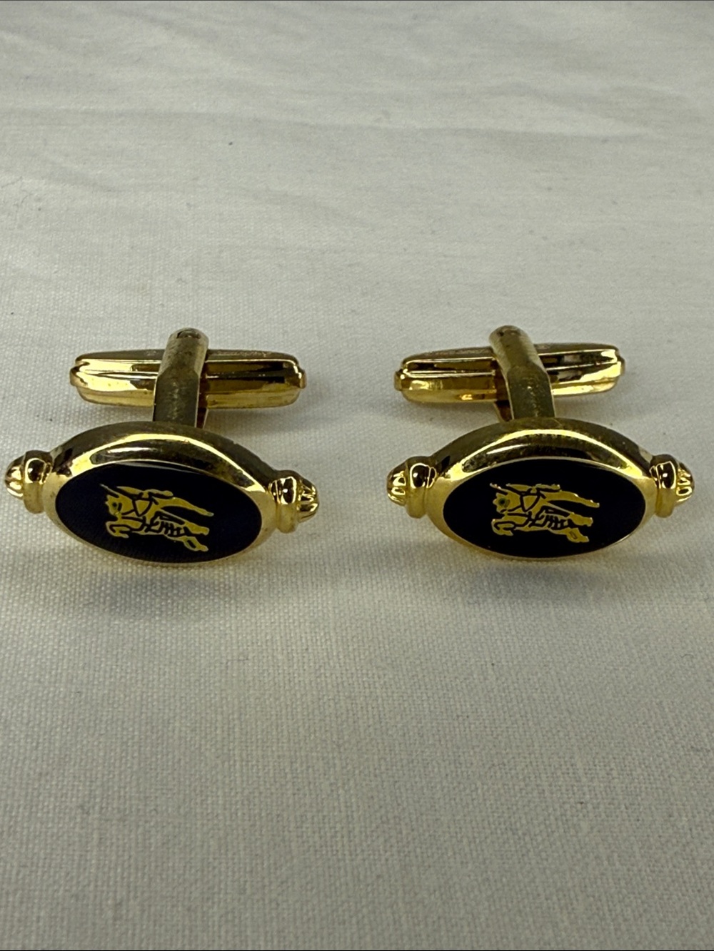 Vintage Burberrys Nova Check Knight Logo Gold Tone Cufflinks